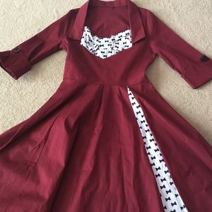 Burgundy /red dress with white and black bow ties